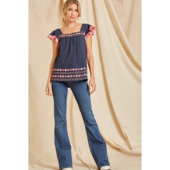 SOLD OUT Navy Geometric Embroidered Tassel Trimmed Woven Short Sleeve Top - Picture 4 of 5